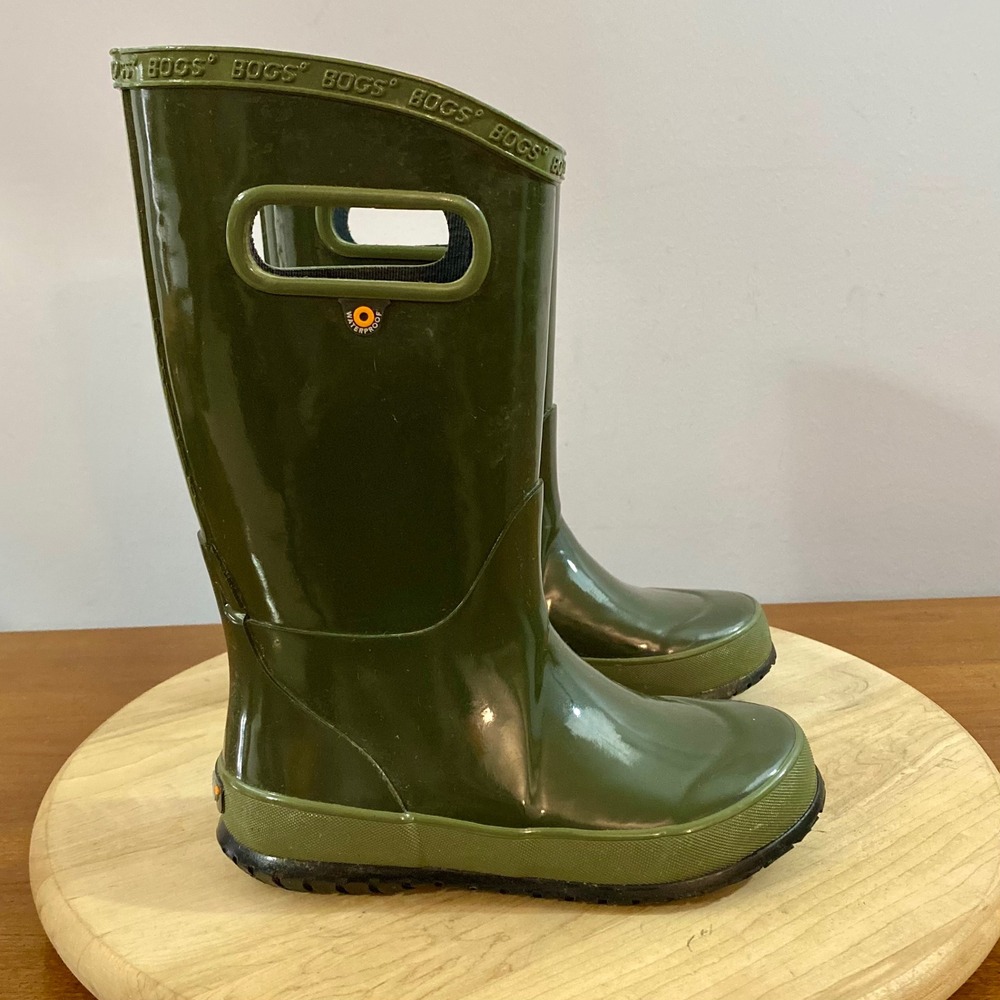 Bogs Essential Kids 13 Unisex Olive Green Gloss Waterproof Rubber Rain Boots